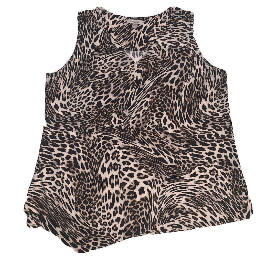 Roz & Ali Tan Black Animal Print V Neck Sleeveless Top w/Asymmetrical Bottom EUC